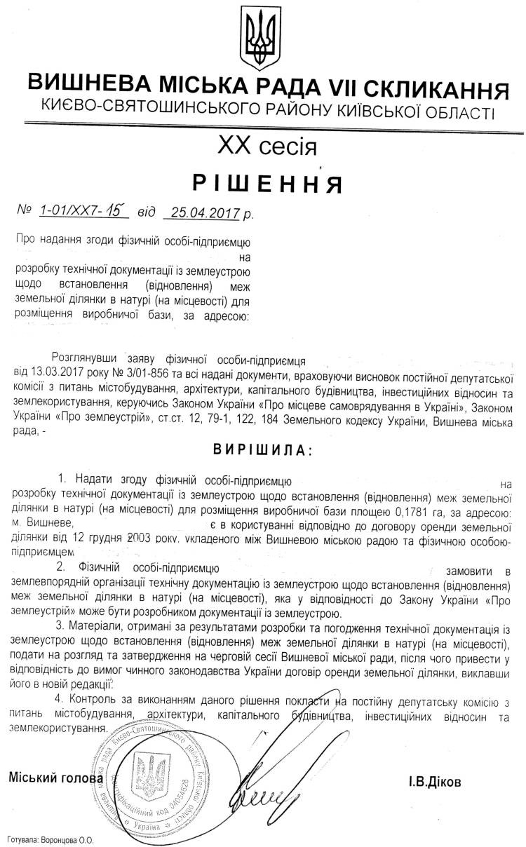РІШЕННЯ ХХ СЕСІЇ VIІ СКЛИКАННЯ від 25.04.2017 року